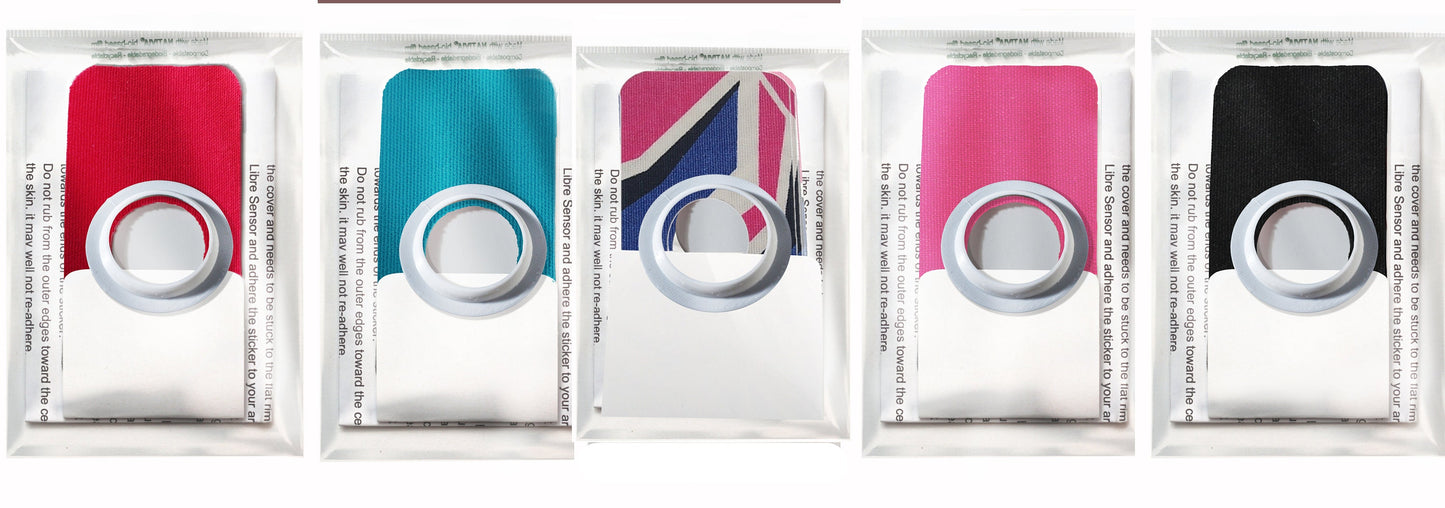 FreeStyle Libre Patches x10 + Flexible Cover. Allows you to tape your sensor down without the tape sticking to it. Many Colours